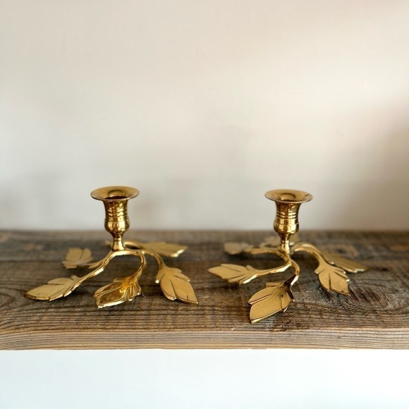 Brass leaf base candlesticks set 2 - Picture 1 of 6